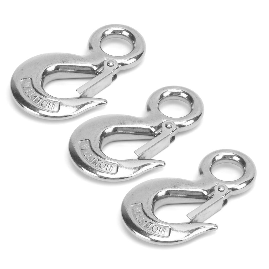 3pcs Eye Slip Hook with Safety Latch Stainless Steel Marine Lifting Eye Hoist Sling Hook1T