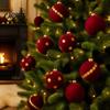 Burgundy Christmas Baubles 9Pcs Flocked Ball Ornaments, Velvet Balls with Gold Decorative Spheres for Holidays Embroidery, Hanging Tree Decor Holiday