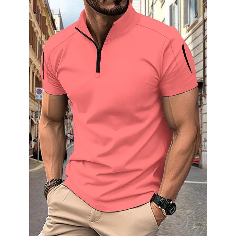 Men's T-shirt: Summer Casual Tactical Training Style with Patch Pockets on the Sleeves, Stand-up Collar, Plain Colour, Short-sleeved Polo Shirt