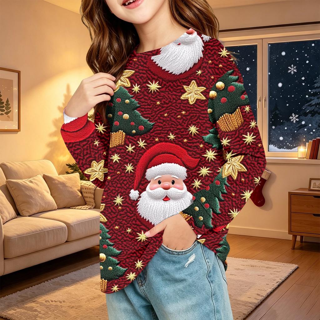 Kids Fashion Christmas Long Sleeve Neck Top with Pocket, Holiday Print Shirt for Boys and Girls