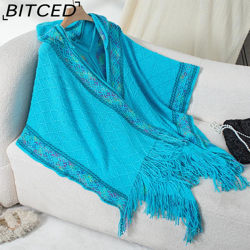 BITCED Fall/Winter Ethnic-Style Knit Hooded Fringe Cape Sweater Shawl Women's Outerwear