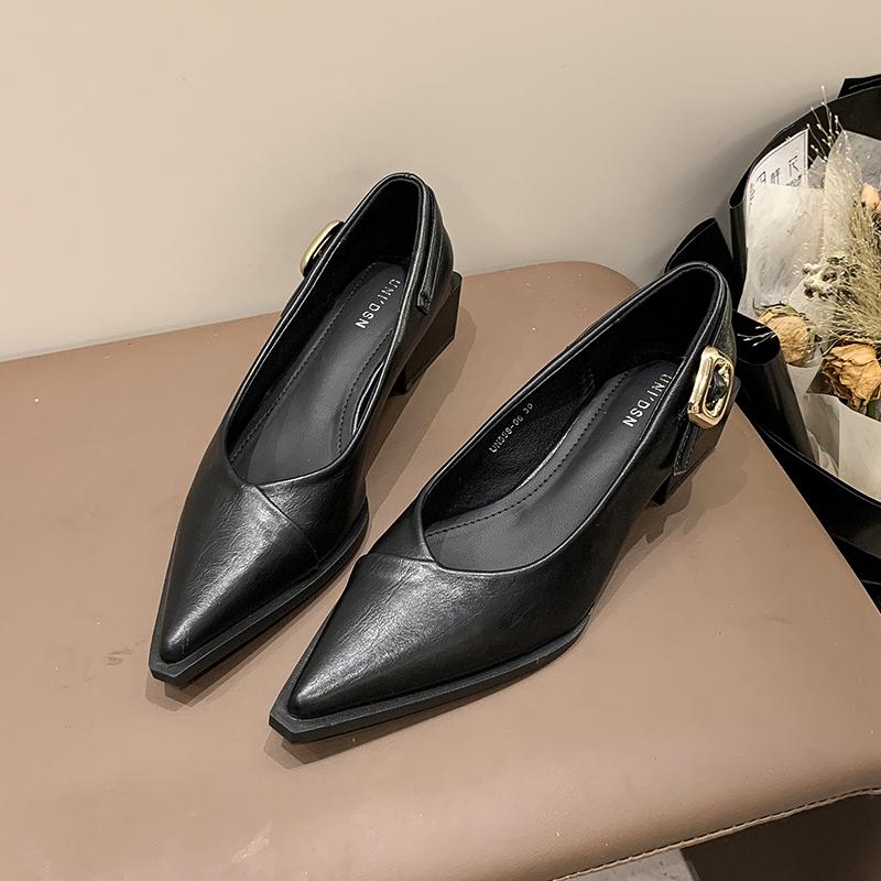 

Fashion Spring New Coarse Heel Shoes Women s Fashion Pointed Head Shallow Mouth Metal Buckle Waterproof Non-slip High Heels 35 чёрный
