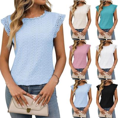 Damen Frühling/Sommer Farbe Rundhals Kurzarm Spitze Mosaik Aushöhlung T-Shirt Top
