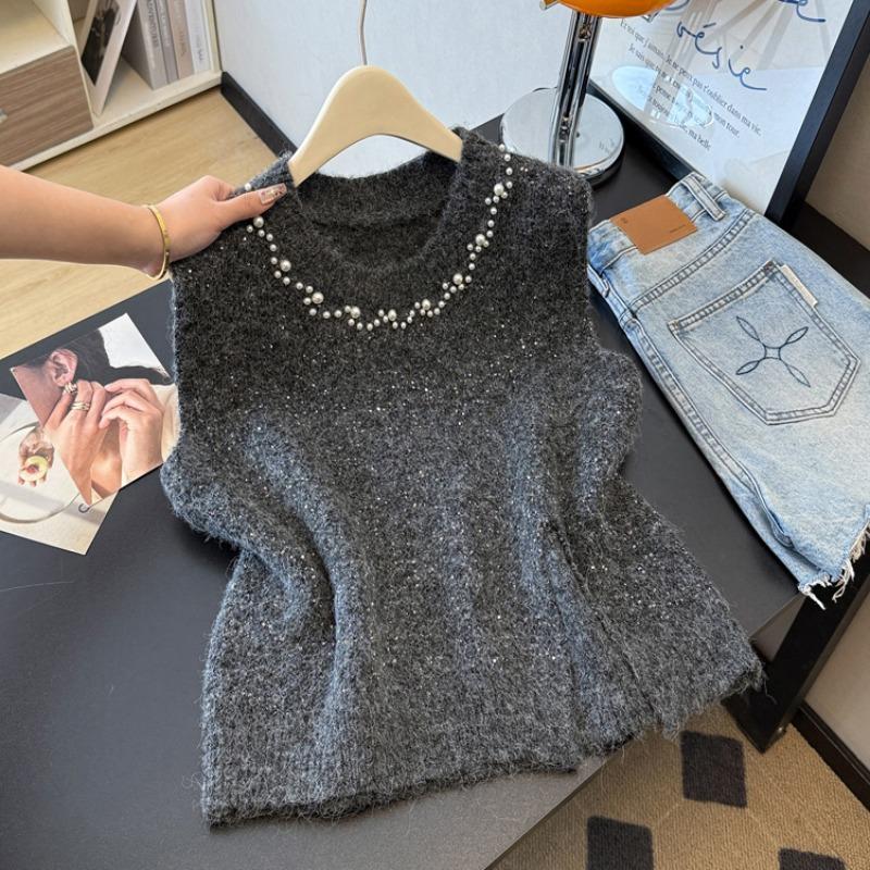 2026 Autumn Winter New Women Sweater Knitting Beading Vintage Lady Tops Pullover Sleeveless Shirt Loose Casual Vest Tank