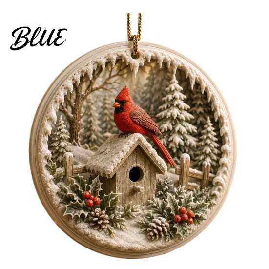 Festive Hanging Decor Acrylic Christmas Red Bird Ornament, Snow Scene Pattern Xmas Tree Ornaments Decor, Retro Round Pendant for Winter Holiday Party