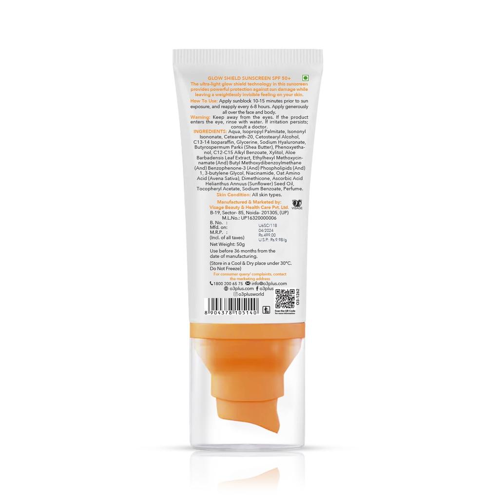O3+ Glow Shield Sunscreen SPF 50 PA+++ Lightweight Cream With No White Cast For Oily Dry Skin Women Men 50 g Daily