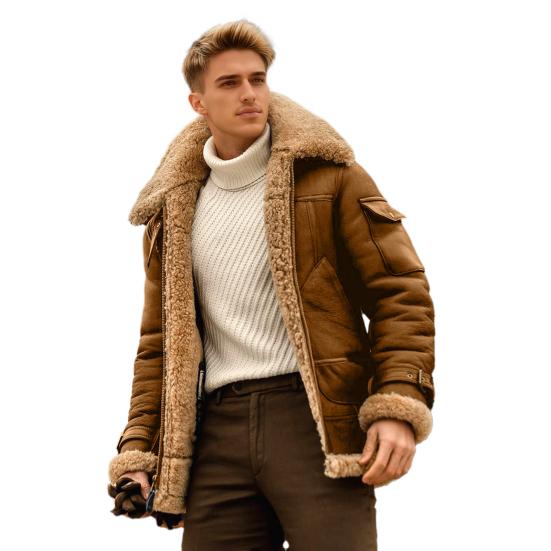 

Men Coat Lapel Long Sleeve Solid Color Velvet Lining Jacket with Multi Pockets Design Zipper Closure Casual Outerwear S