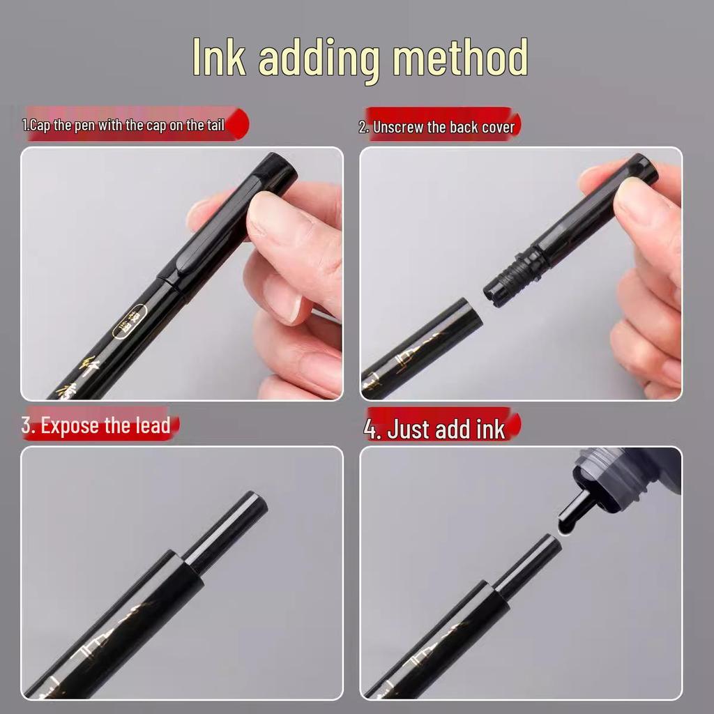 Calligraphy Practice Pen with Soft Brushstroke - Includes Fine, Medium, and Large Regular Script Tips; Refillable and Perfect for Sutra Copying.