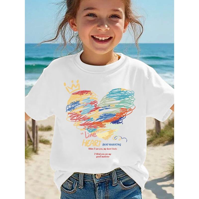 

European sizes Summer Fashion Short-Sleeve T-Shirt for Girls Featuring a Line Heart Crown And Cartoon Heart Pattern, a Casual And Versatile Top 98cm белый