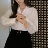 Washed cotton Cuban collar commuter white shirt women's spring organ pleated niche temperament long-sleeved shirt