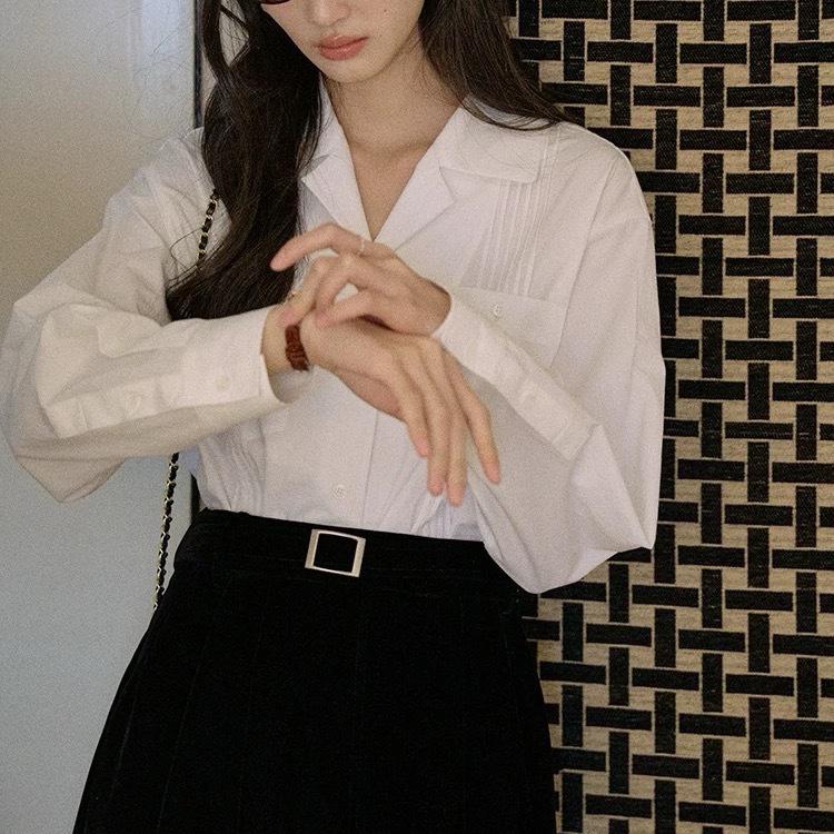Washed cotton Cuban collar commuter white shirt women's spring organ pleated niche temperament long-sleeved shirt