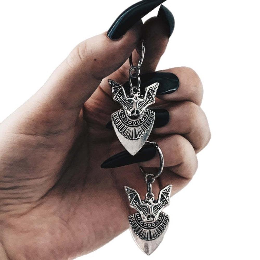 Gothic Ancient Silver Vampire Bat Triangular Shield Pendant Hoop Earrings for Women Hallowmas Party Witchcraft Jewelry Accessory