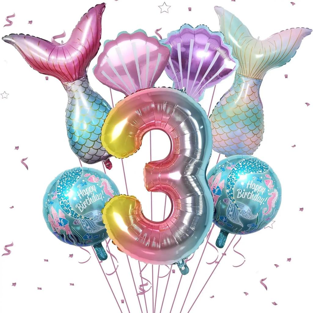 Meerjungfrauen-Mottoparty-Dekorationen Helium-Folienballons Schwanzdesigns Regenbogen-Zahlen Muschel-Akzente für Kindergeburtstag Babyparty