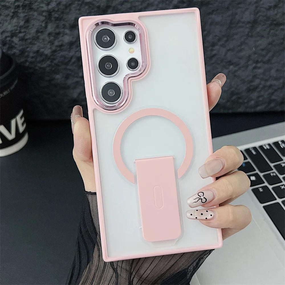 Luxury Matte Translucent For Magsafe Folding Stand Holder Phone Case For Samsung S24 Plus S23 Ultra Wireless Charging Back Cover