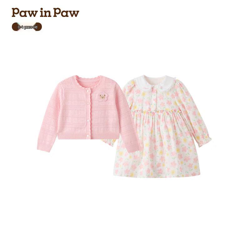 PawinPaw Girls  Sweet Cartoon Bear Floral Dress Set 100