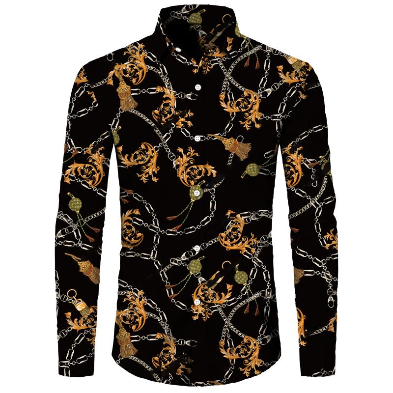 Golden Flower Pattern Print Men's Shirts Casual Single-Breasted Cardigan Long Sleeve Shirt Fashion Trend Tops Men Clothing
