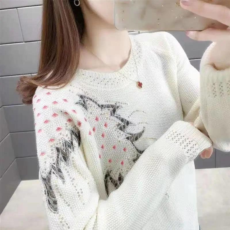 Loose spring and autumn women's hollow topShort round neck embroidered knitted sweater versatile and fashionable base shirt