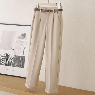 Women's Spring and Autumn Thin Section Wide Legged Nine Points Solid Colour with Pockets Trousers High Waist Casual Suit Tweed Trousers