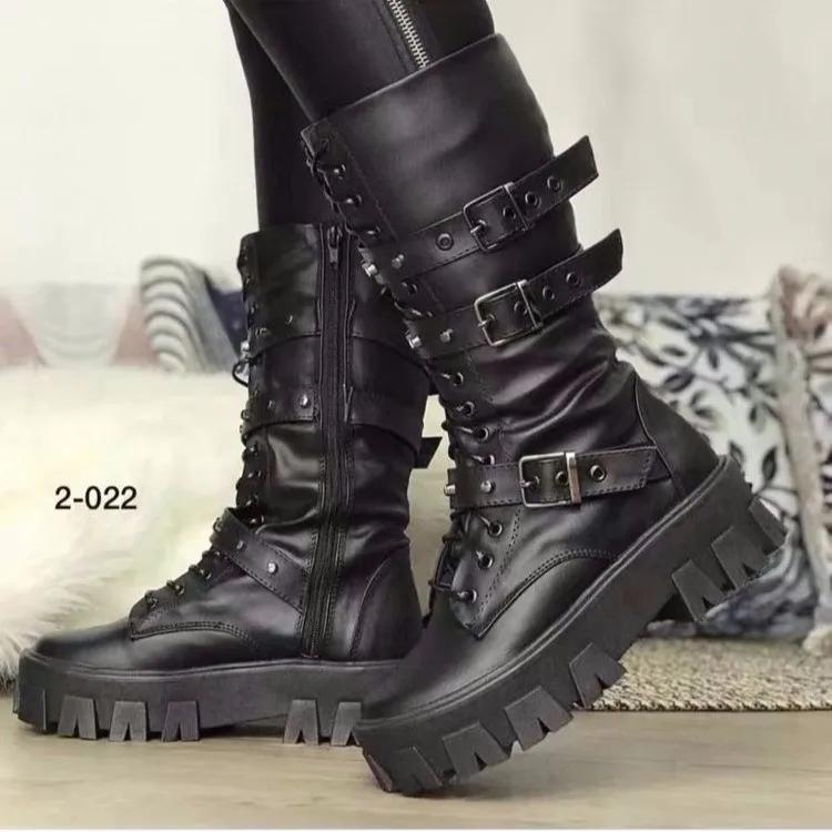 Damskor Ny Mode Stövlar med Korsband Sidozipp Moderna Stövlar Dam Högkvalitativt Spänne Mid-Calf Stövlar