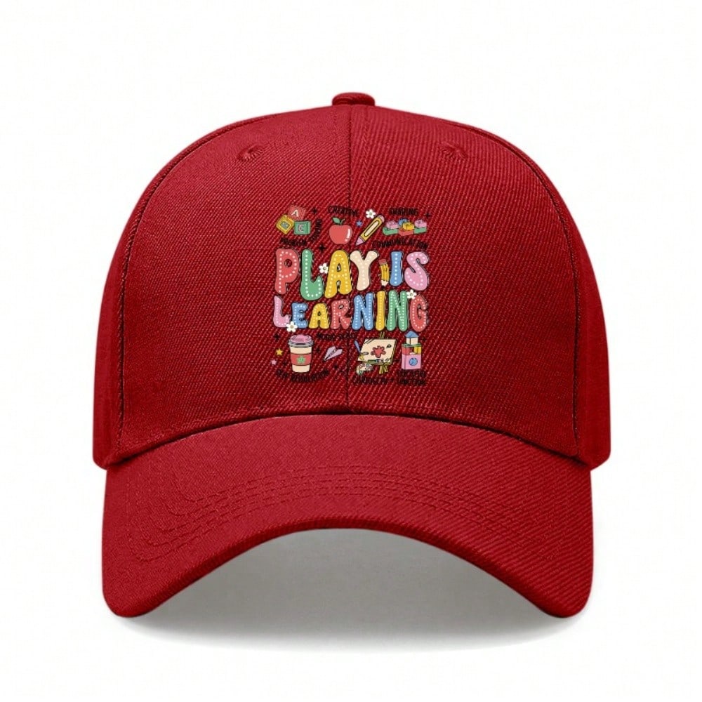 [Educational Baseball Cap] Unisex  PLAY IS LEARNING  Print Adjustable Breathable Lightweight Soft Fabric Casual Daily Wear Baseball Hat For Teachers красный