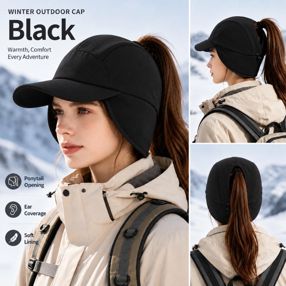 Women'S Winter Outdoor Baseball Cap, Earflap Hat with Ponytail Opening And Curved Brim, Casual Cap for Walking, Commuting, Weekend Trips, And Travel