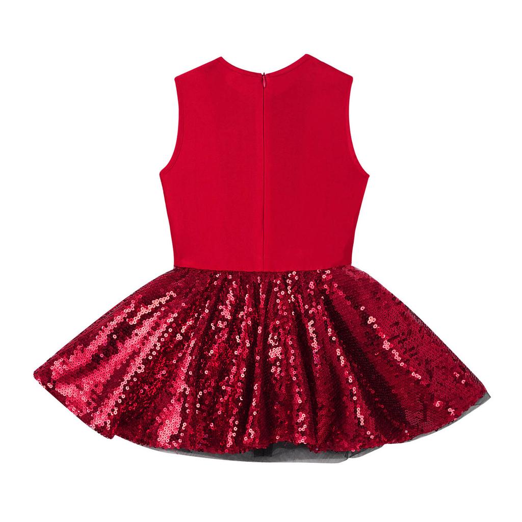 Girls Red Dress Round Neck Sleeveless Shiny Sequins Adorned Leotard Jumpsuit Performance Costume