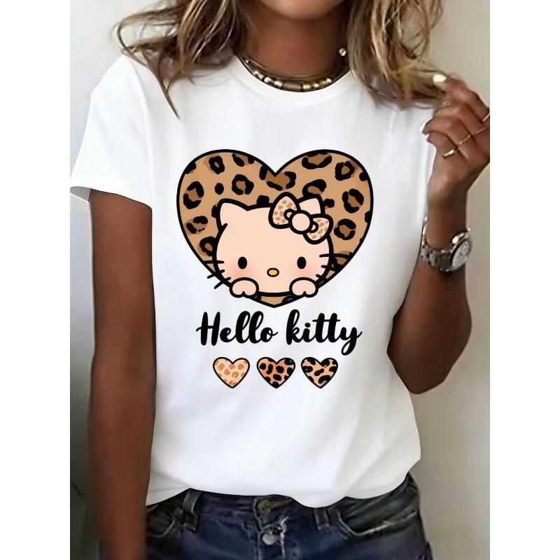Cute Hello Kitty leopard print heart print slim fit women s casual street style short-sleeved T-shirt top for summer XXS