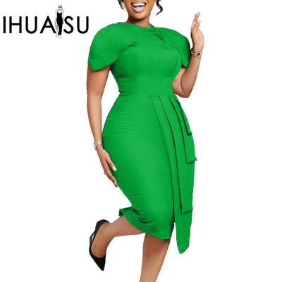 Damen Einfarbig Bedruckt Sommer O-Ausschnitt Mode Temperament Elegant Tongle Kurzarm Tasche Hüfte Sexy Hohe Taille Kleid