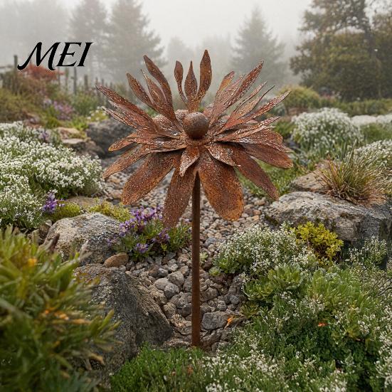 Vintage Style Garden Flagpole Rusty Outdoor Daisy Flower Metal Yard Stake, Rusted Iron Art Rust-red Patio Decoration Decoration, Weather-Resistant