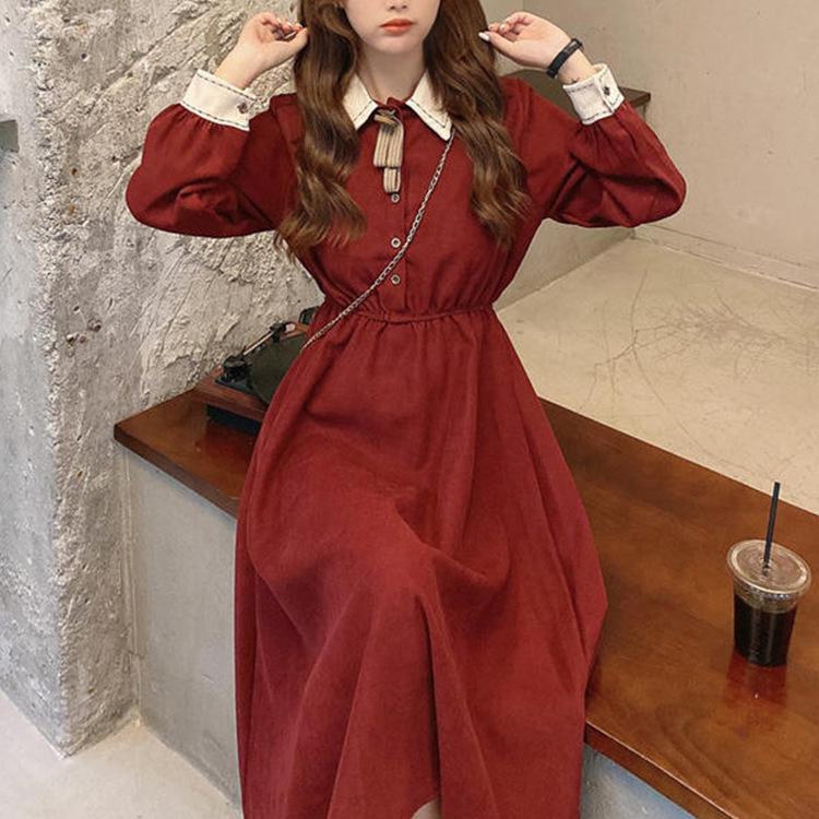 Women's Autumn Forest Retro Stitching Polo Collar Dress - Long Sleeve, Waist Slimming, Mid-Length Skirt