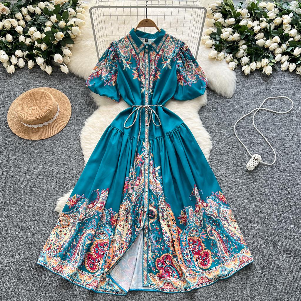 Summer Women Plus Size Turn-down Collar Lantern Sleeve Vintage Print Shirt Loose Lace-up Dresses