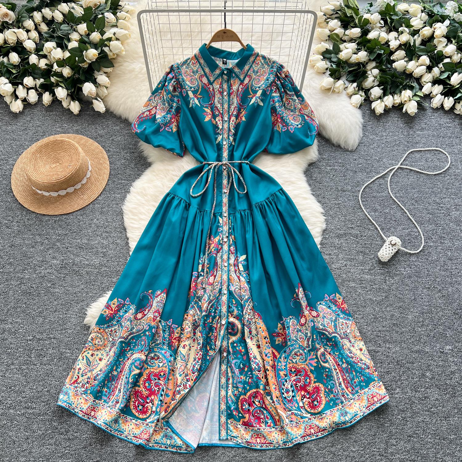 

Летние женские платья больших размеров с отложным воротником и рукавами-фонариками, винтажным принтом, свободные платья на шнуровке 2XL синий