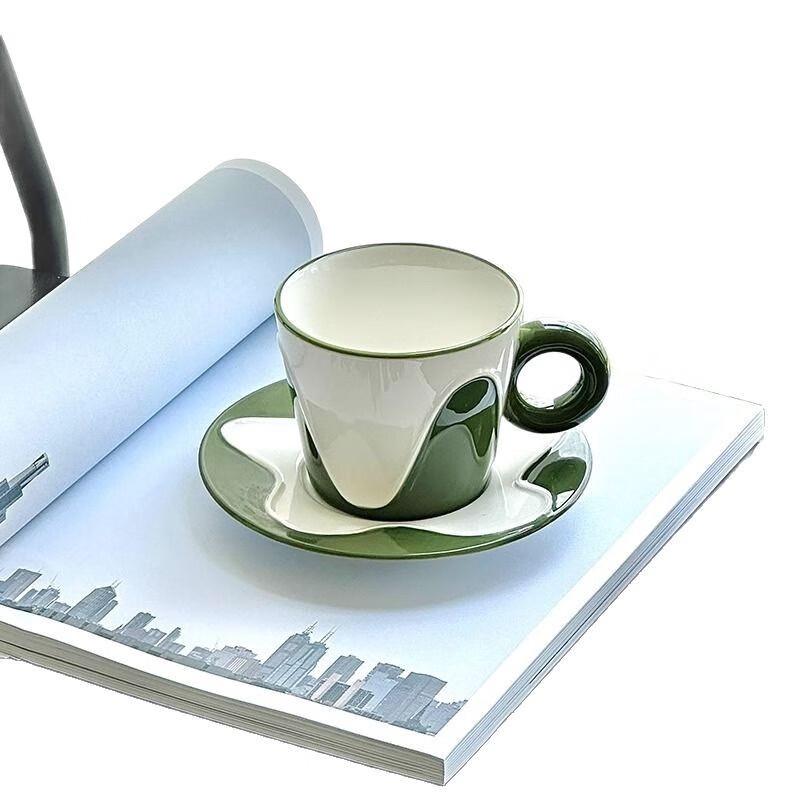 Wutuo Ceramic Underglaze Wave Pattern Coffee Mug & Saucer Set