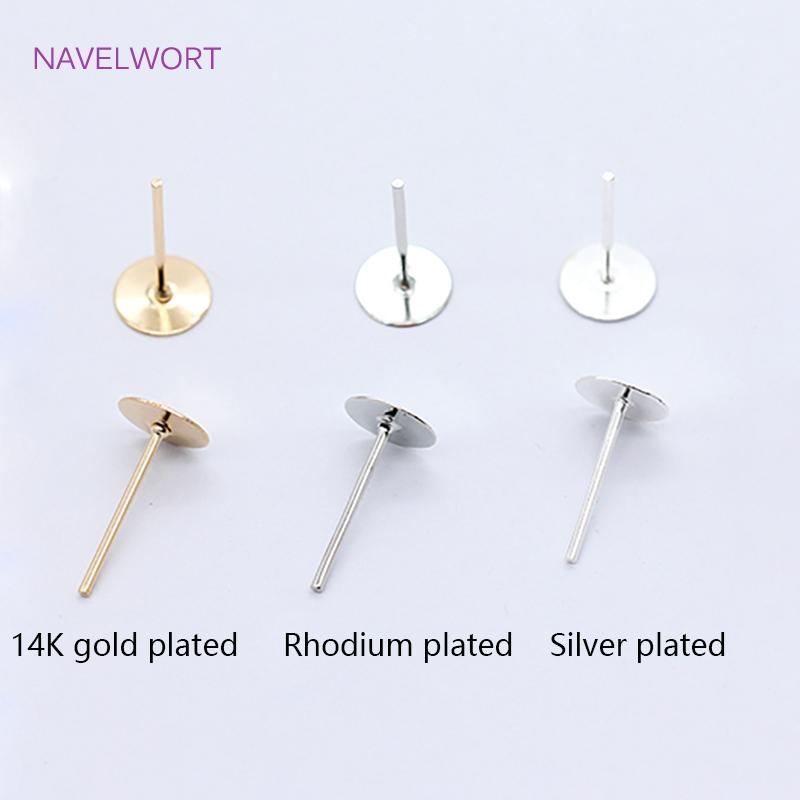 Brass Metal Blank Earring Studs Base Pins 14K Gold Plating Ear Post with Pad,DIY Jewelry Making Accessories Wholesale