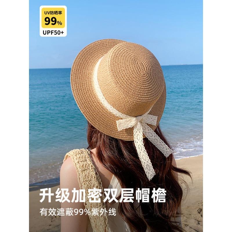 Flat Top Hat Female Internet Celebrity Crochet Top Hat Summer Big Brim Visor Hat Seaside Vacation Woven Bucket Hat