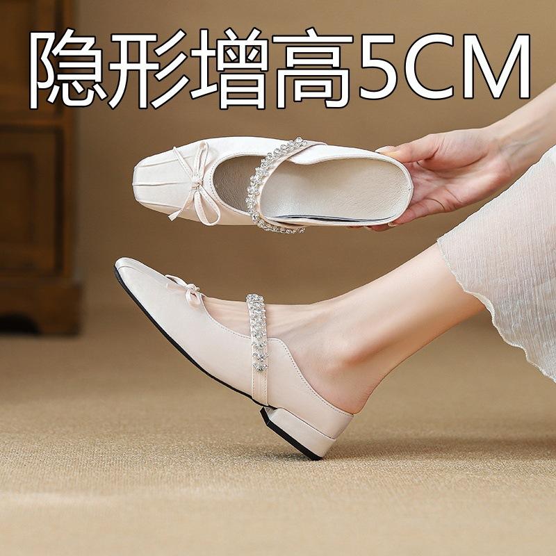 Silk Rhinestone Bow Square Head Heightening Bag Head Half Slippers Women Wear New Thick Heel Cool Slippers