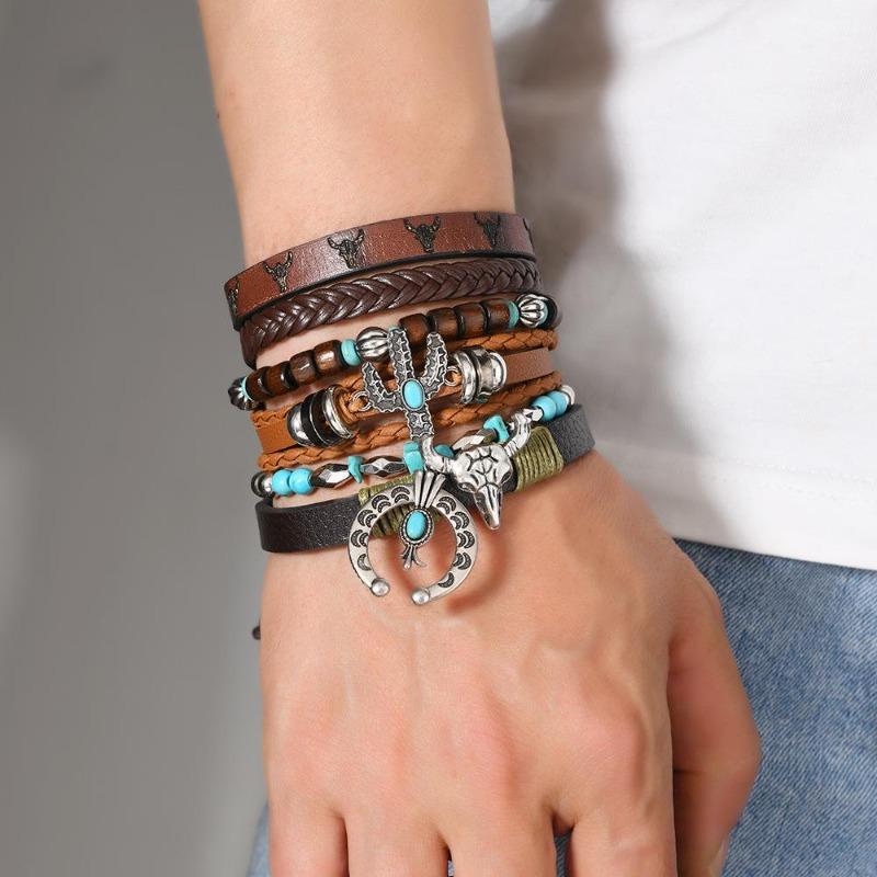 Boho Bracelet Set for Men Leather Braided Wrap Bracelet with Wood Beads Bull Skull & Evil Eye Charm Ethnic Viking Style Jewelry