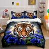 Tiger with Blue Flowers Art Bedding Duvet Cover Set  (1*Duvet Cover 2*Pillowcases, Without Duvet Insert)