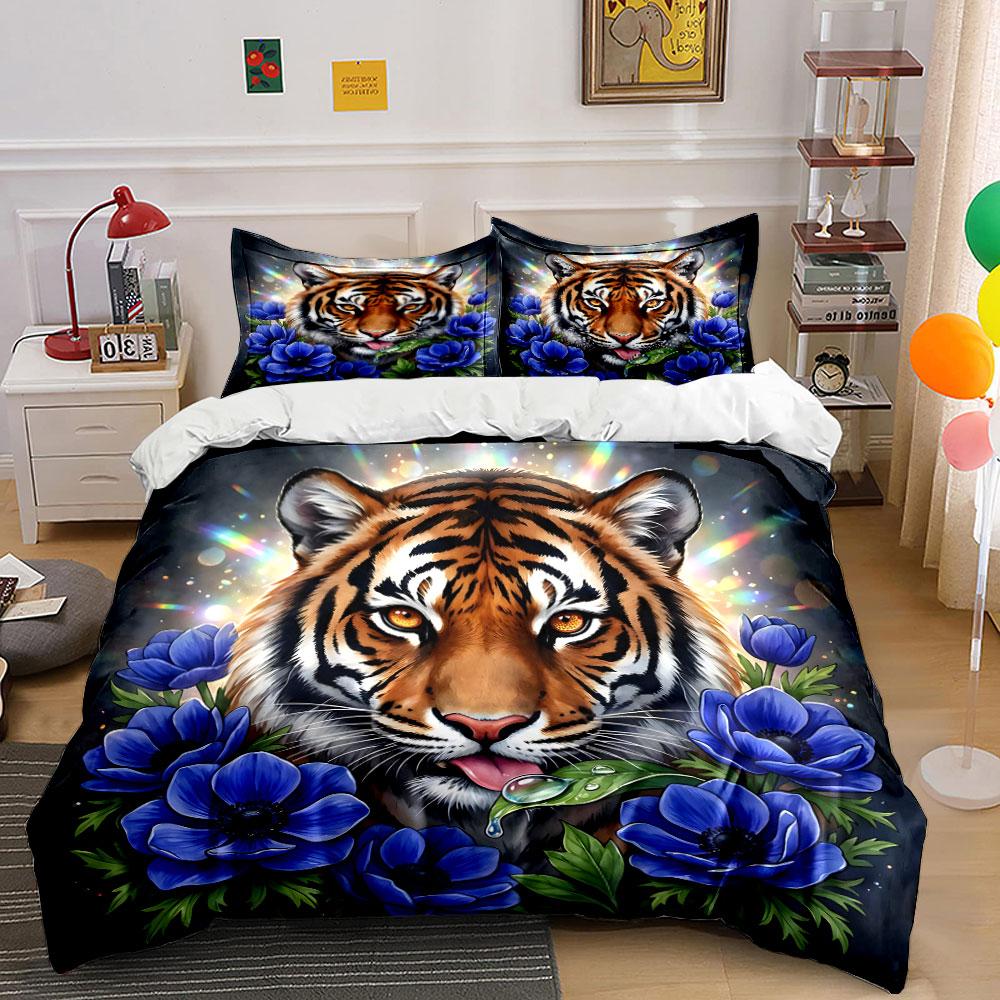 Tiger with Blue Flowers Art Bedding Duvet Cover Set (1*Duvet Cover 2*Pillowcases, Without Duvet Insert)