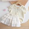 Baby Girl Summer Sweet Outfit Cream Ribbed Top With White Tiered Cake Skirt Gentle Two Piece Set For Kids