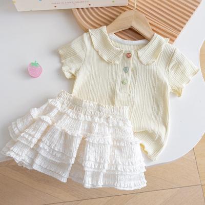Baby Girl Summer Sweet Outfit Cream Ribbed Top With White Tiered Cake Skirt Gentle Two Piece Set For Kids