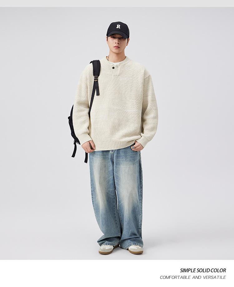 Plus Size Retro Henley Sweater: Men's Autumn/Winter Warm Loose Knitwear