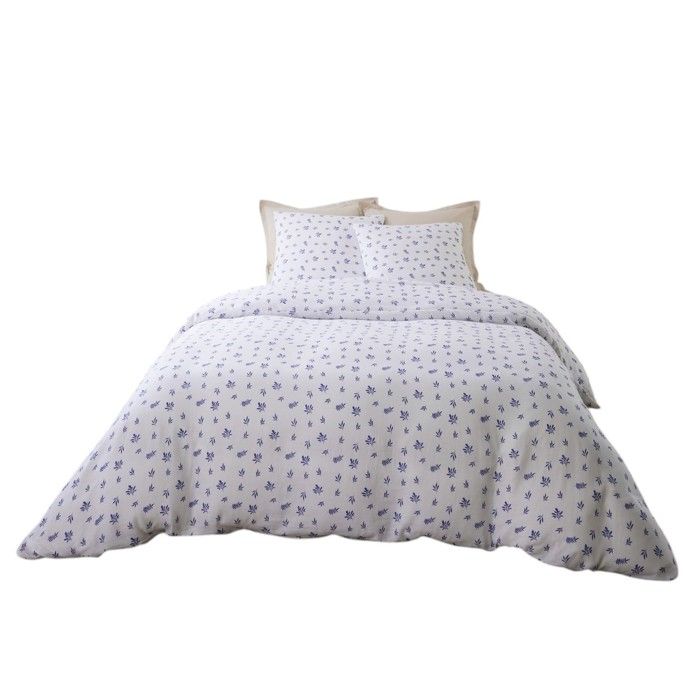 Housse De Couette + Taies - Loucas - Gaze De Coton - 240 X 260 Cm - Motifs Feuillage Bleu