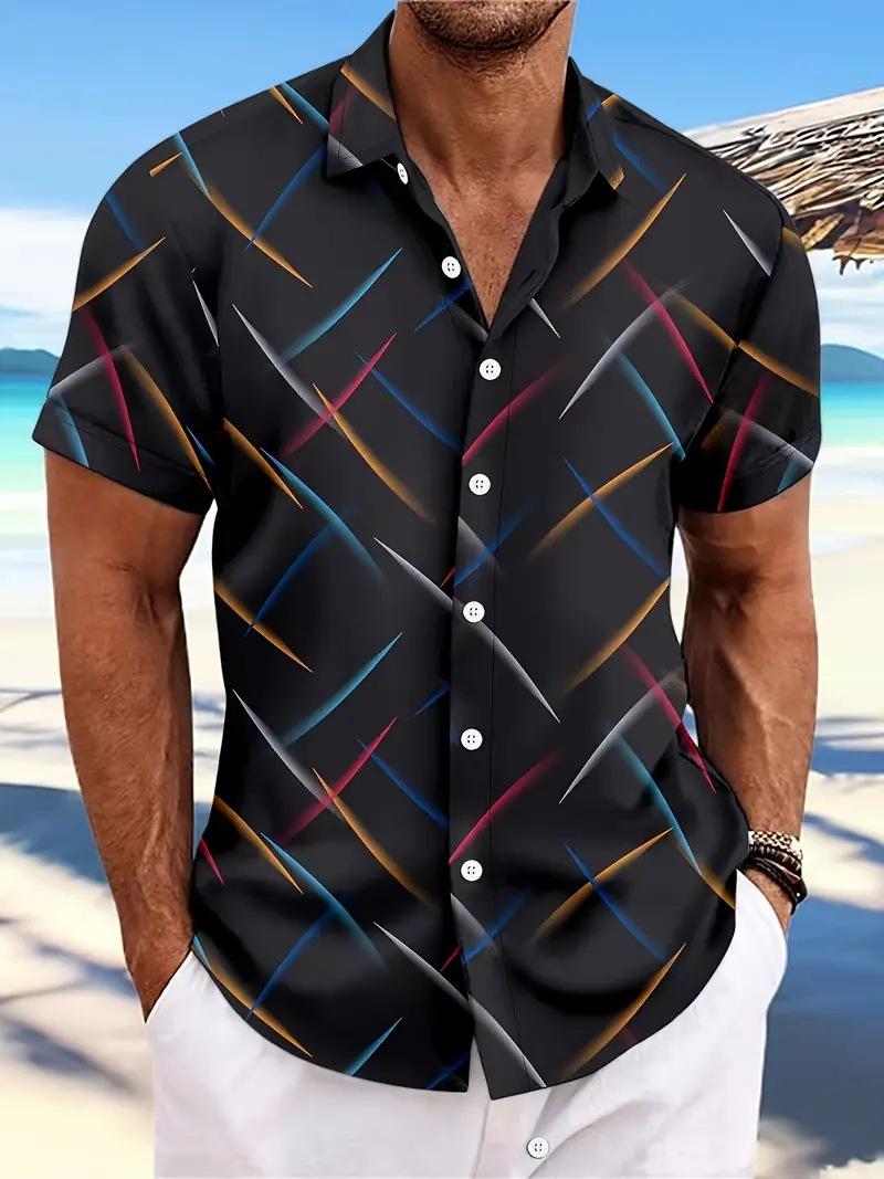 Men S Striped Feather Short Sleeve Button Up Casual Beach Shirt S