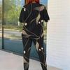 Women Plus Size Two Piece Set Round Neck Long Sleeve Black Gold Printed Top Fitted Pants