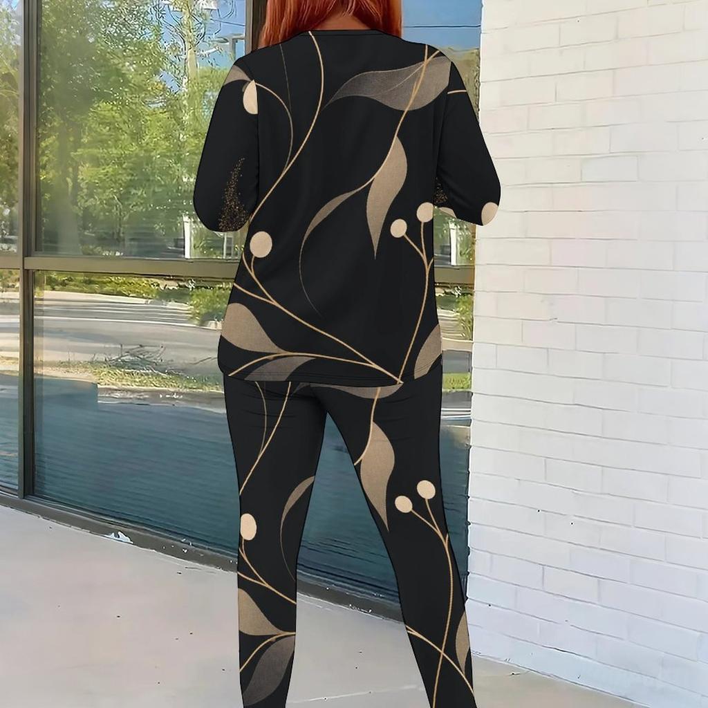 Women Plus Size Two Piece Set Round Neck Long Sleeve Black Gold Printed Top Fitted Pants