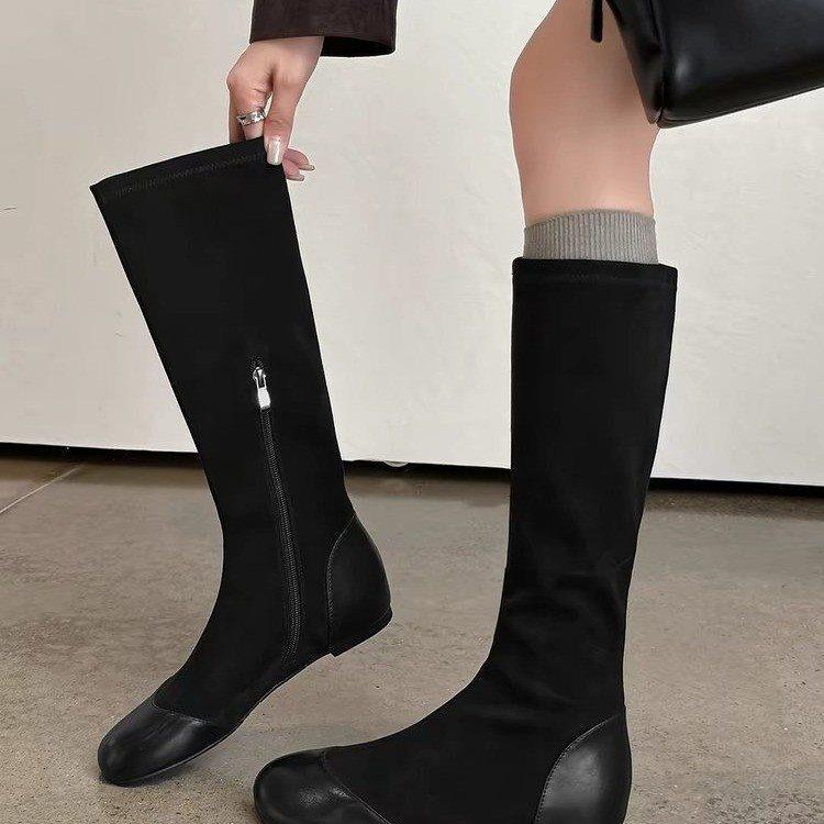 Autumn and winter round head heightens temperament British style new autumn elastic boots are thin and thin French retro women's versatile