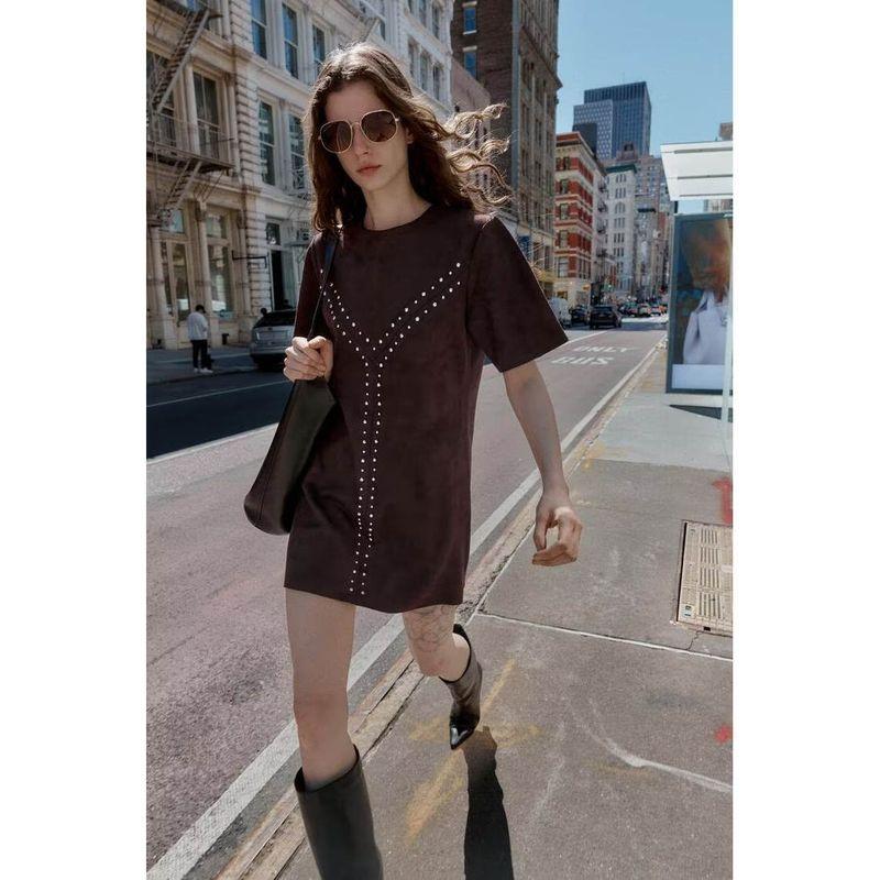 Za Autumn New Women clothes 2025 Western Style Fashion Suede Effect Rivet Dress 1058632 716