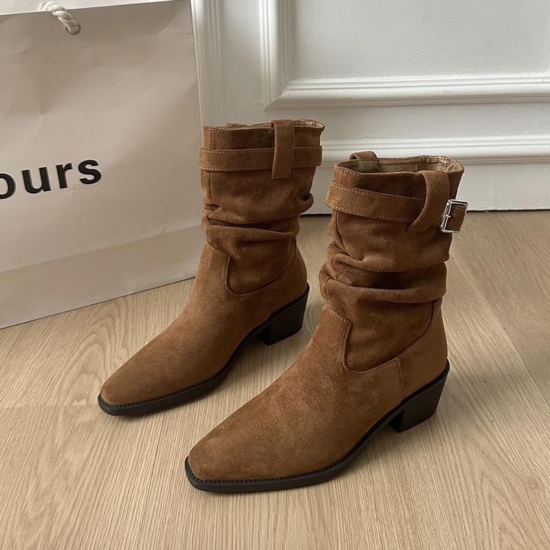 Autumn Winter Suede Pointed Toe Women Ankle Boots Fashion Slip On Thick Heel Shoes Ladies Elegant Slim Short Booties