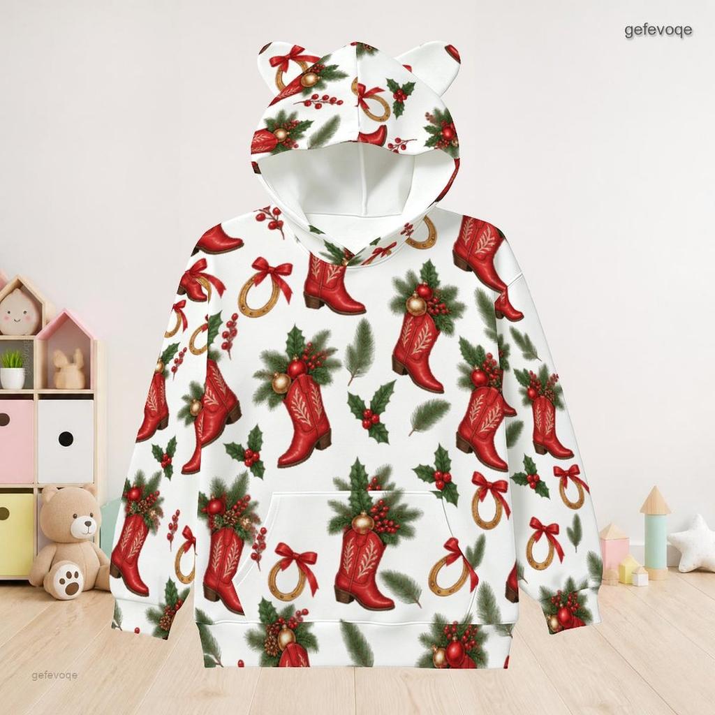 Girls Long Sleeve White Christmas Printed Bear Ear Hooded Varsity Jacket